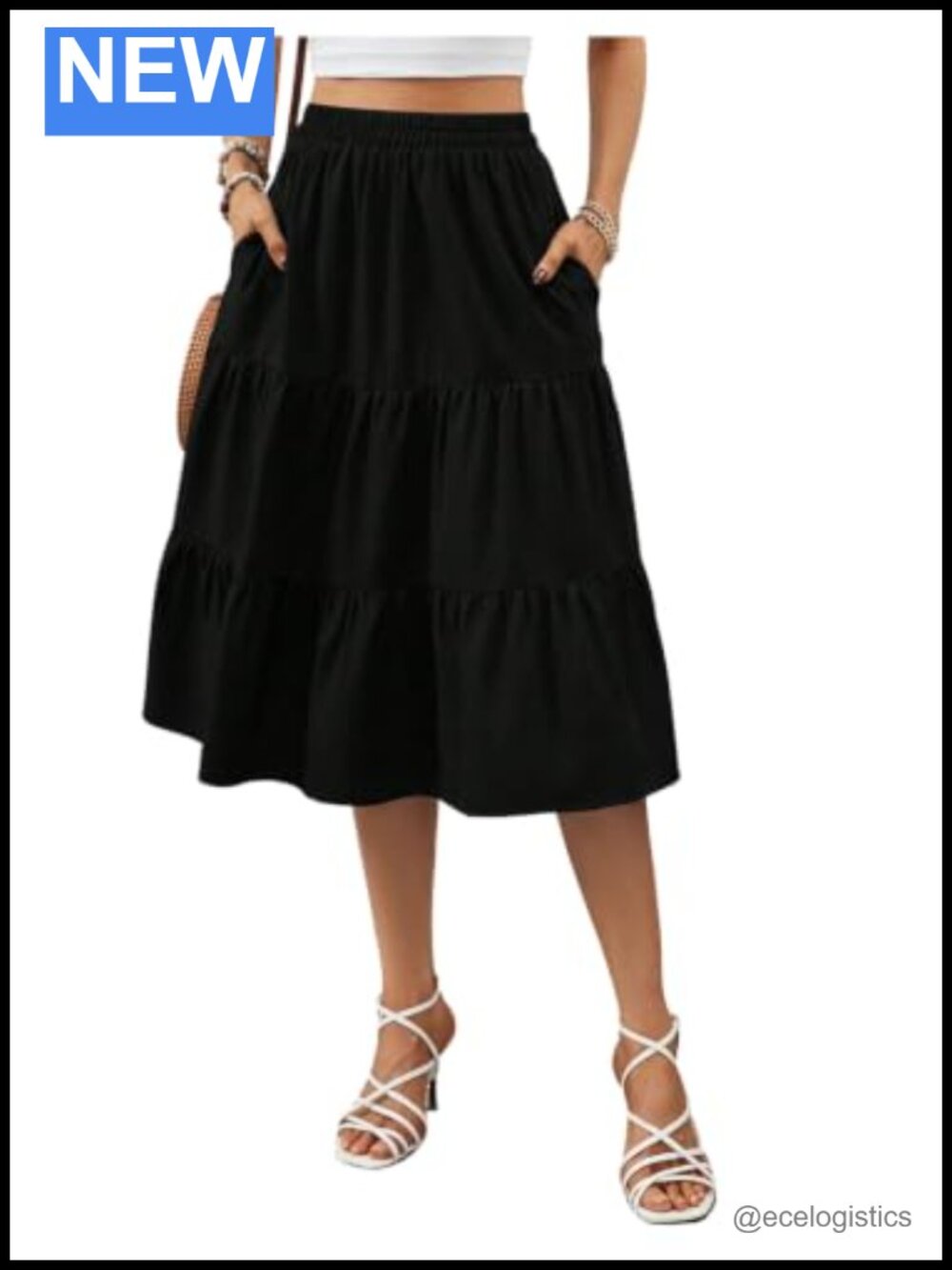Flowy Midi Skirt Tiered Ruffle A Line Elastic Waist Vacation